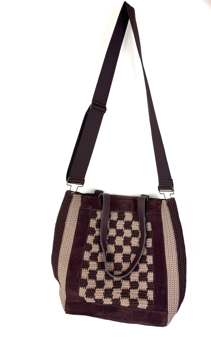 Brown Checkered Print Large Tote Bag