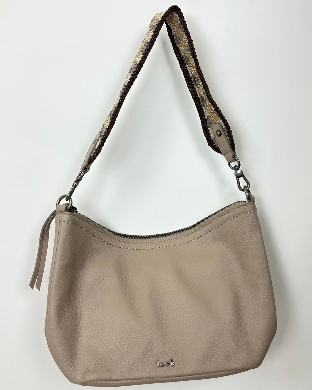 Beige Leather Shoulder Bag with Crochet Strap