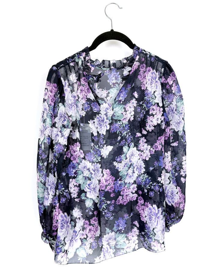 Dark Purple Sheer Floral Top - Size 6/8