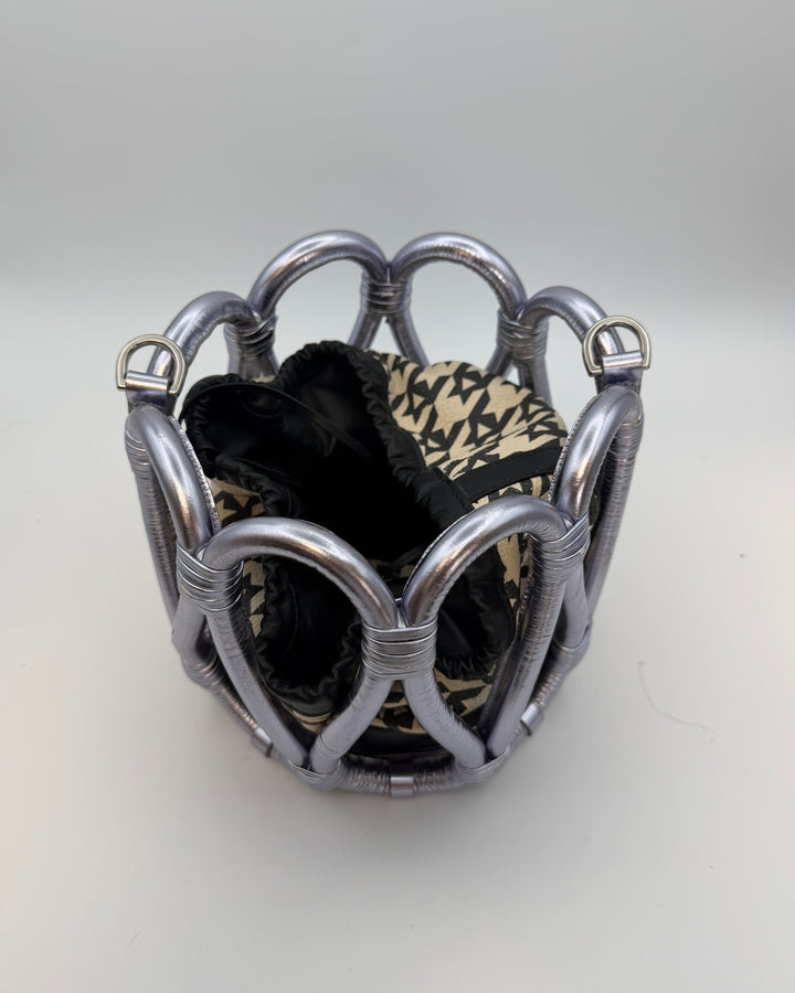 Houndstooth and Silver Leather Loop Bucket Bag
