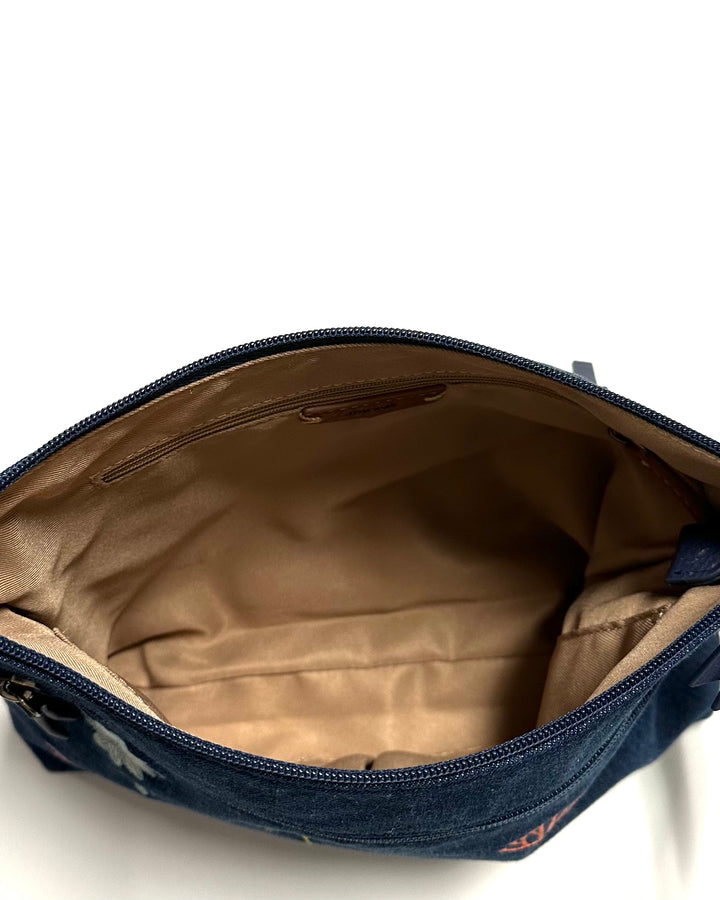 Navy Blue Denim Embroidered Crossbody Bag