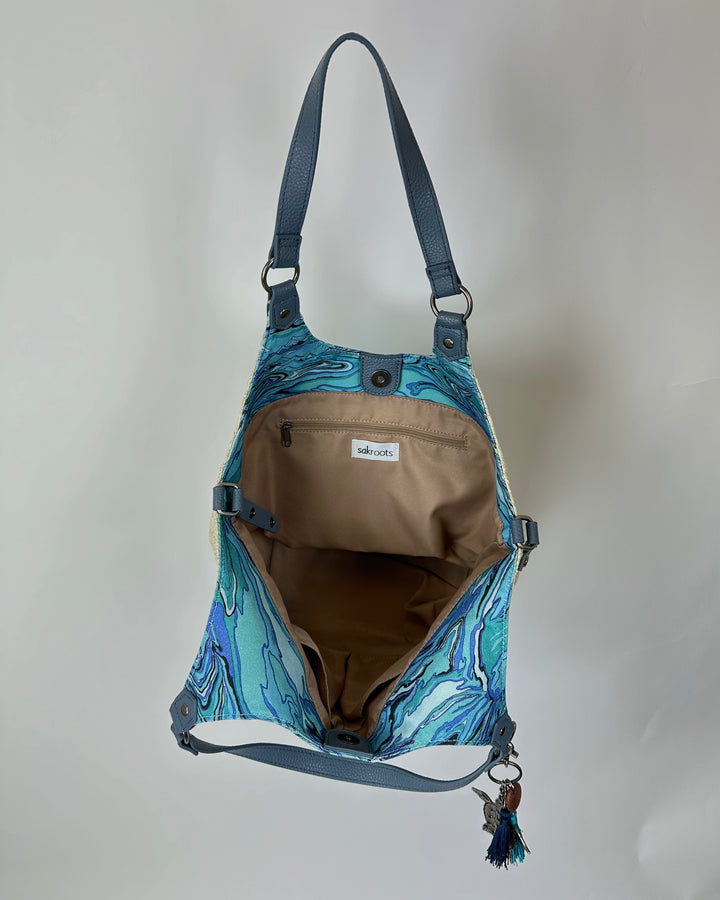Blue Marble And Raffia Tote Bag