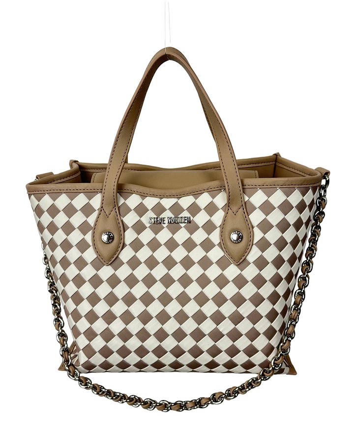 Beige And white Checkered Print Tote Bag