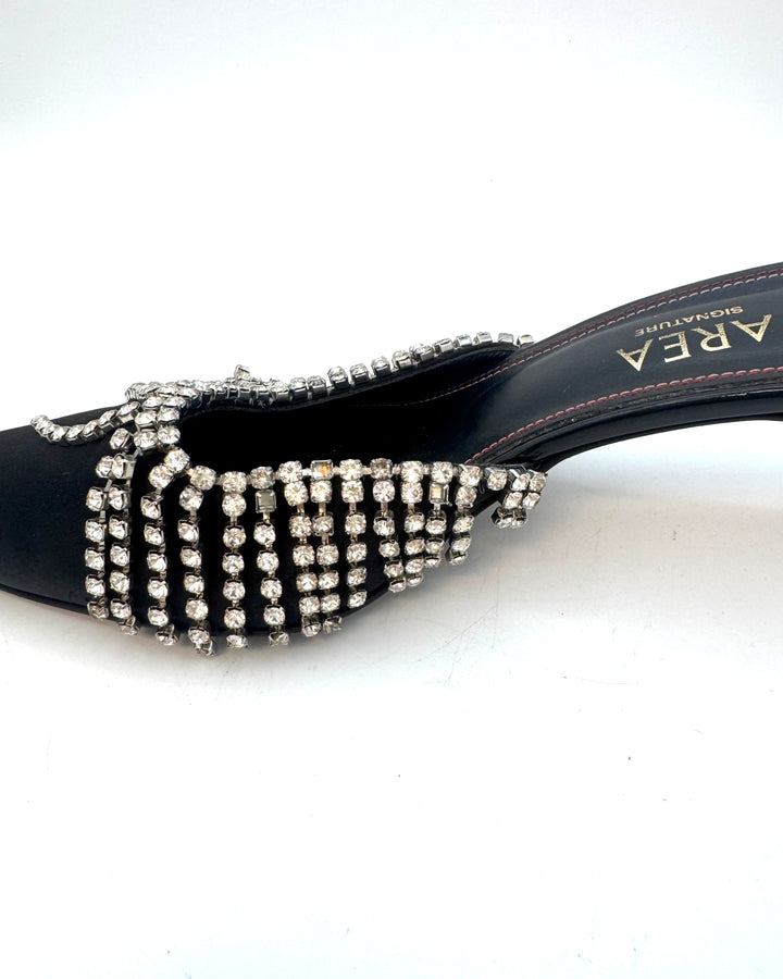 Black Satin Rhinestone Overlay Kitten Heels - Size 39