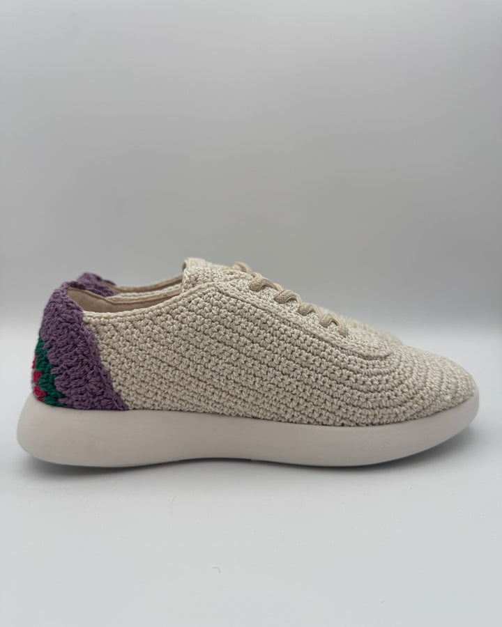 White Crochet Sneakers With Purple Abstract Design - Size 6