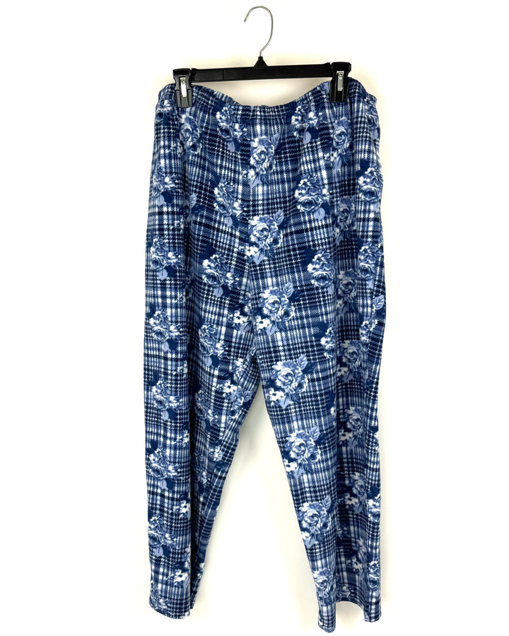 Blue Plaid Lounge Bottoms With Floral Designs - Petite 1X