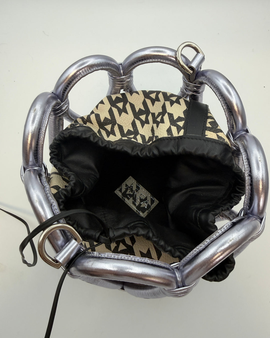Houndstooth and Silver Leather Loop Bucket Bag