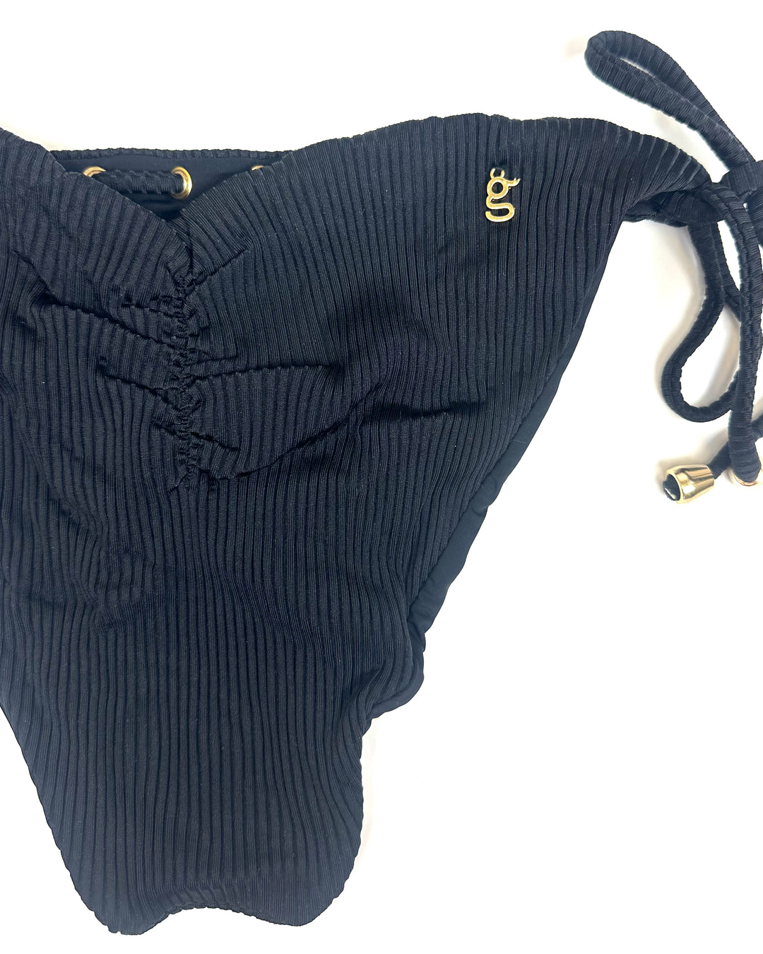 Black Ribbed & Gold String Bikini Bottom - XS - XL