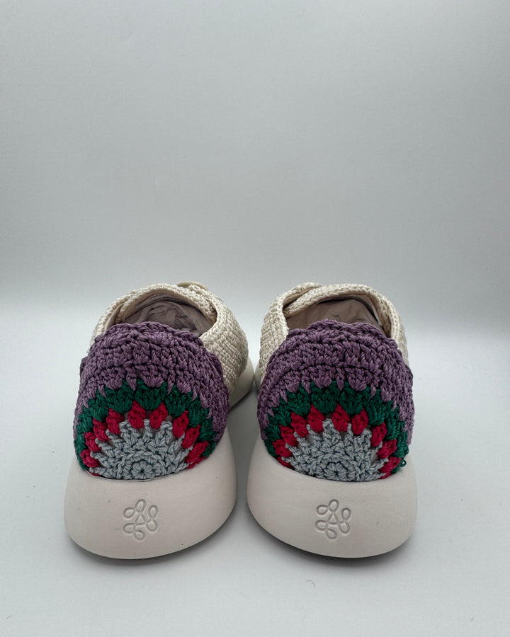 White Crochet Sneakers With Purple Abstract Design - Size 6