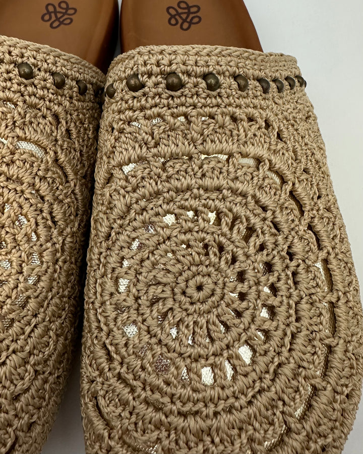 Tan Crochet & Gold Clogs - Size 8 and 10