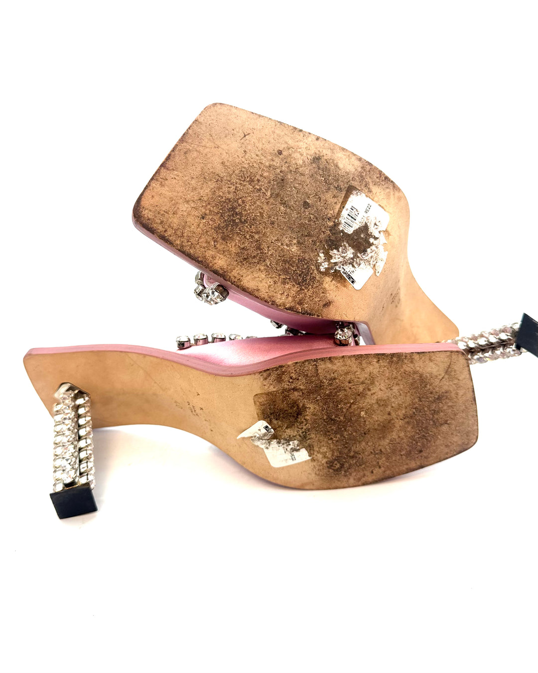 Pink Satin Bold Gem Square Toe Heels - Size 40