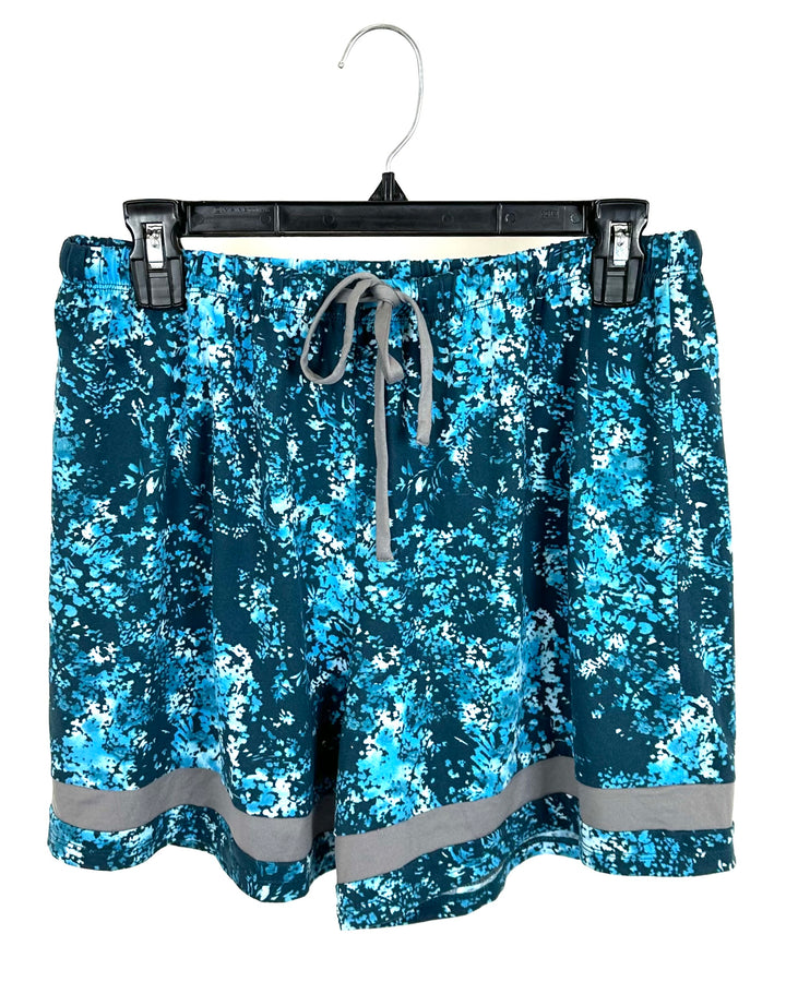 Turquoise Blue Floral Patterned Sleep Shorts - Small