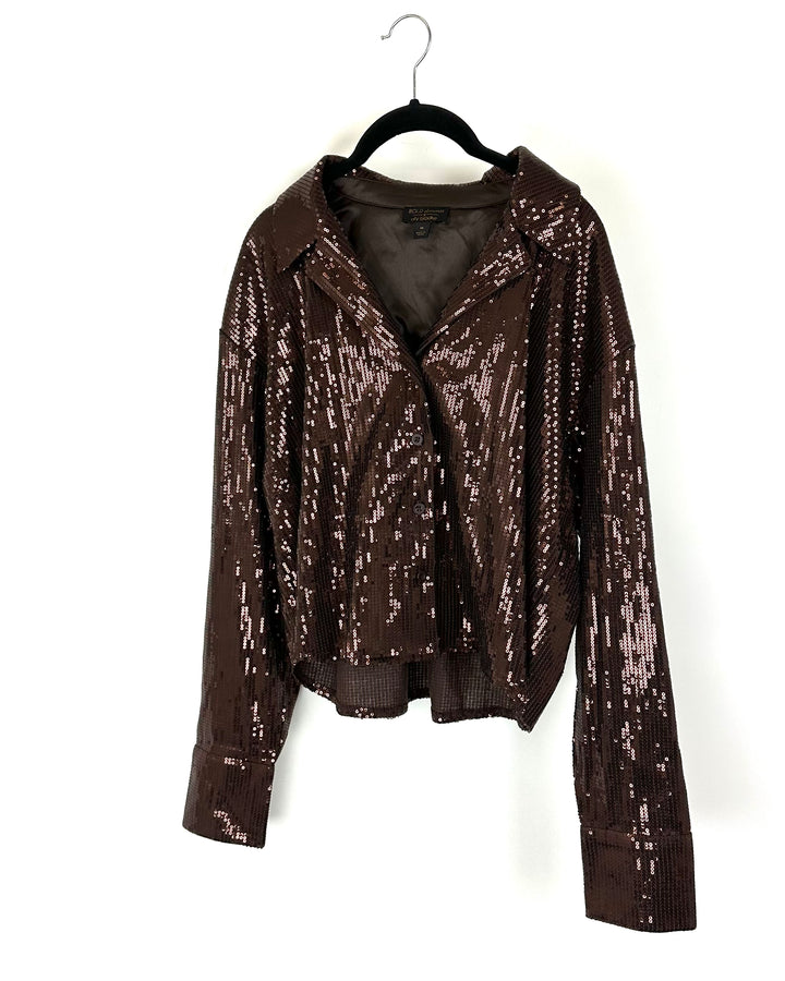 Brown Sequin Cropped Button Down - Size 8/10