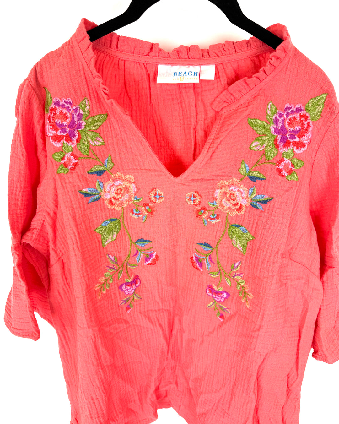 Coral Floral Embroidered Top - Size 6/8