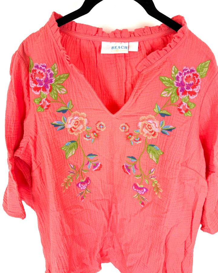 Coral Floral Embroidered Top - Size 6/8