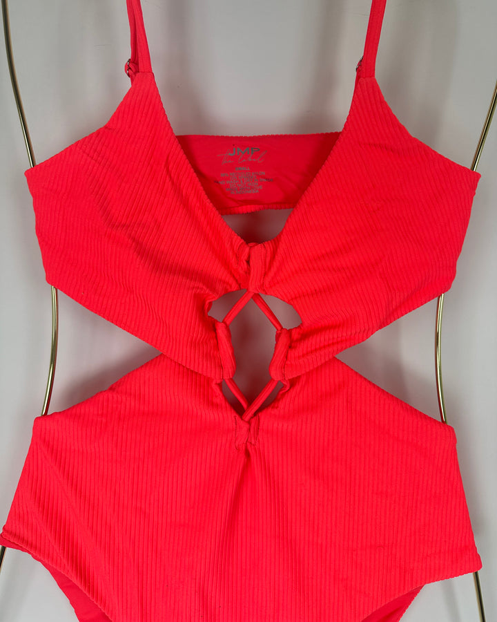 Neon Coral Front Cut Out One Piece Swimsuit - Small