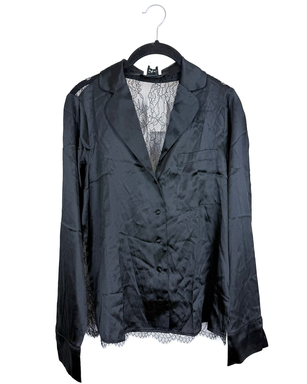 Black Silk & Lace Button-Up Shirt - Size 2/4