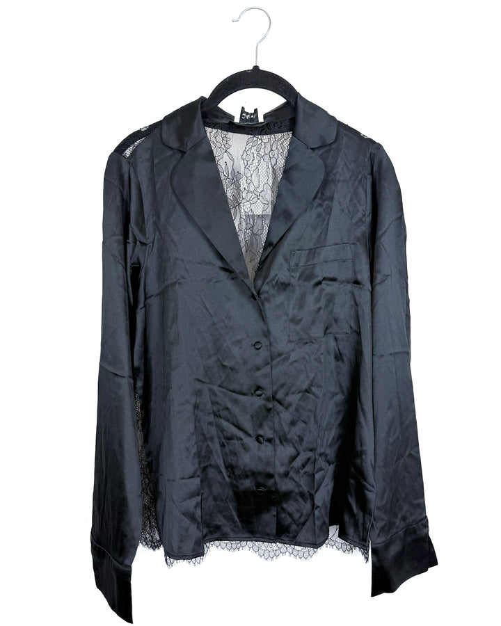 Black Silk & Lace Button-Up Shirt - Size 2/4