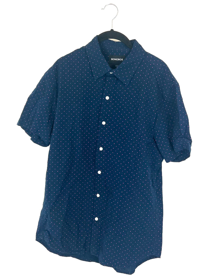 MENS Navy Button Down Shirt With Pink Polka Dots - Medium