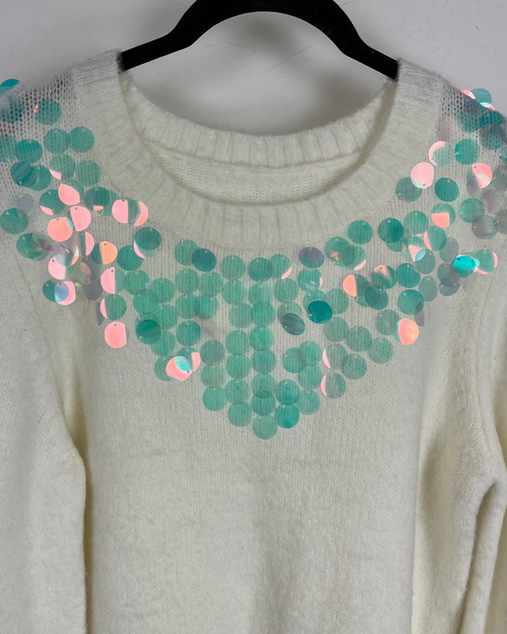 White Sequin Detail Knit Sweater - Size 6/8