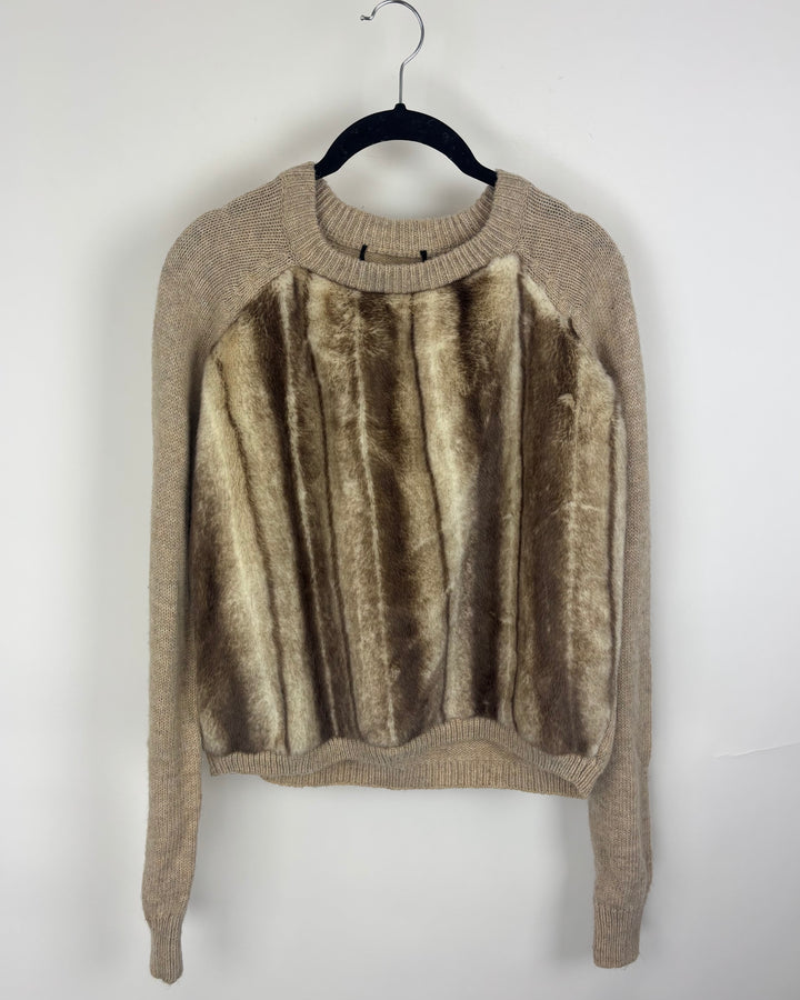 Beige Faux Fur Long Sleeve Knit Sweater - Small