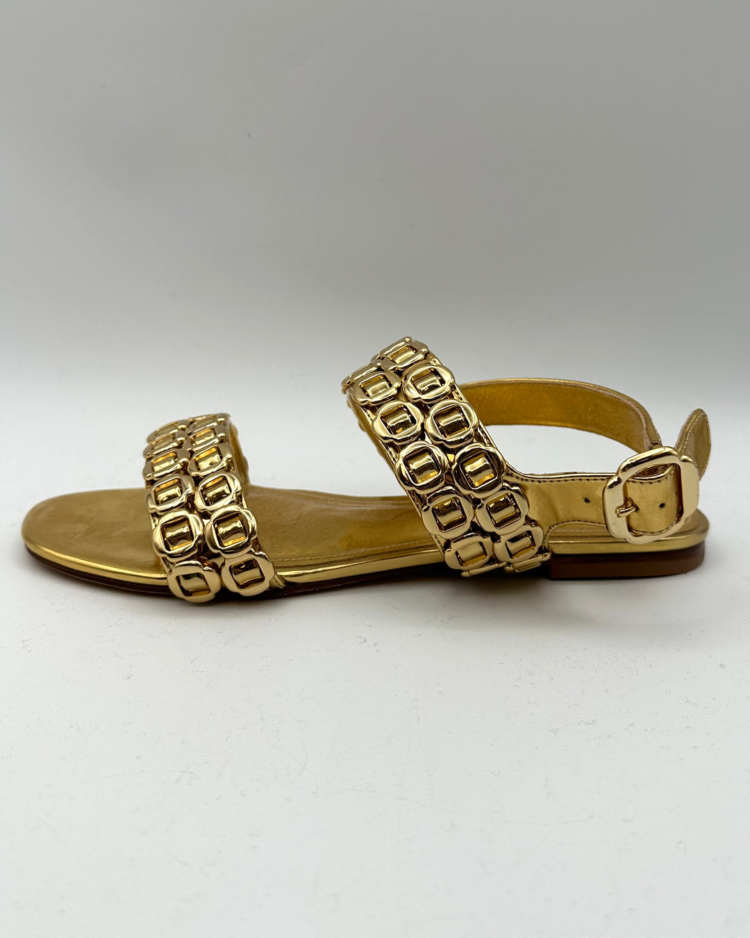 Gold Patent Leather Buckle Flat Sandals - Size 6.5
