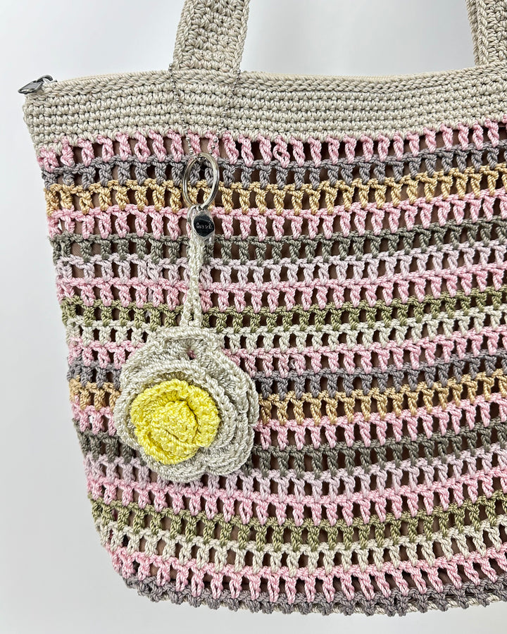 Light Tan and Pink Crochet Shoulder Bag With Floral Charm