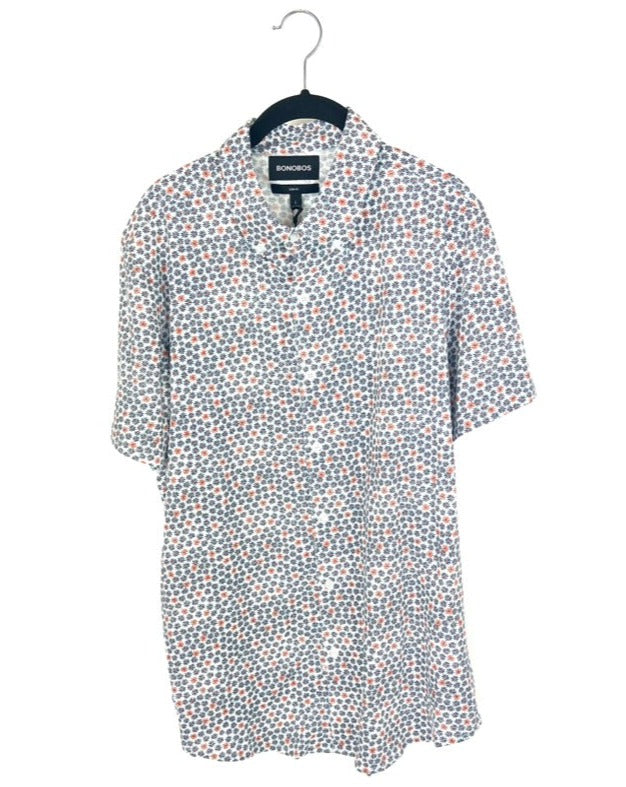 MENS Blue and Orange Flower White Button Up - Large