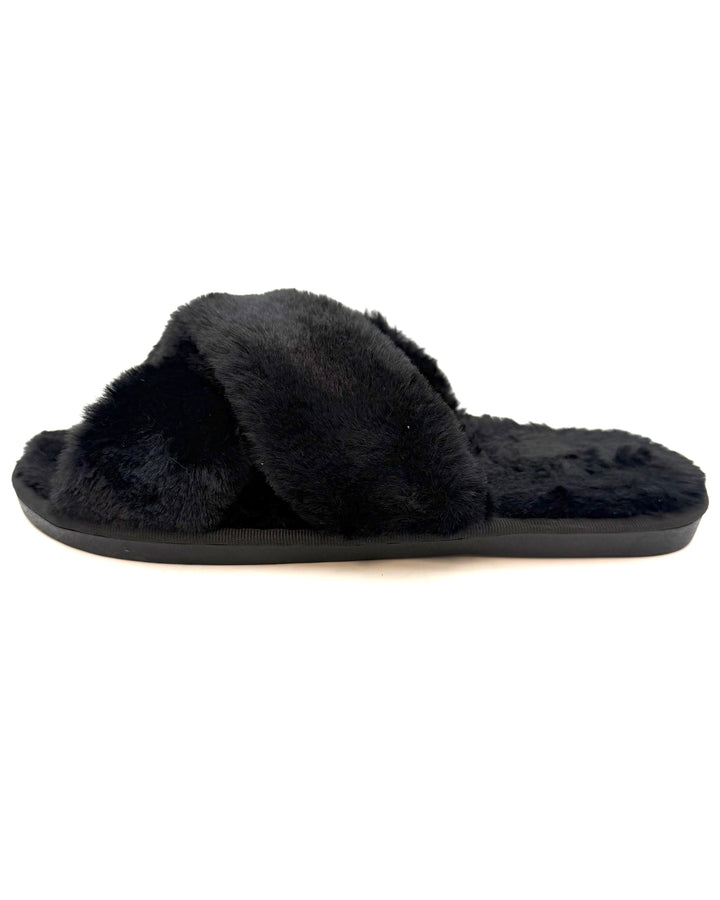 Open Toe Black Plush Slippers - Size 7