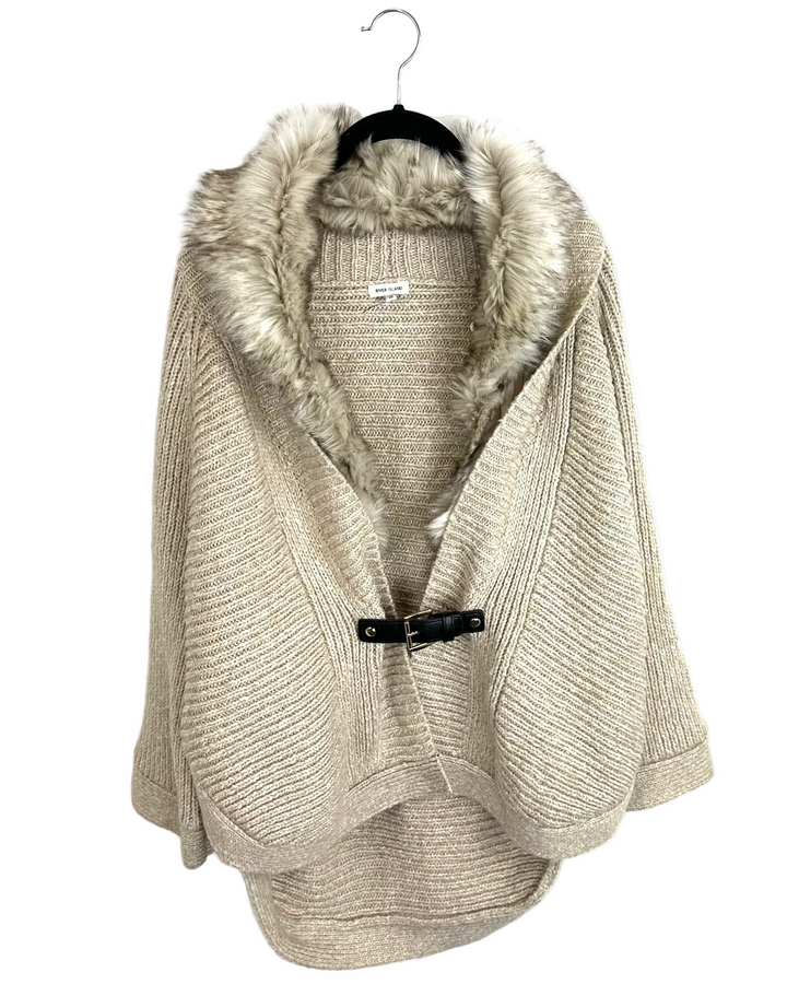 Beige Belted Cardigan With Faux Fur Collar - Size 8/10