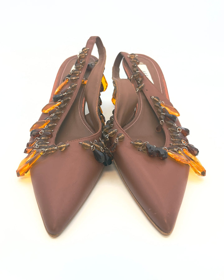 Chestnut Brown Leather Beaded Heels - Size 40