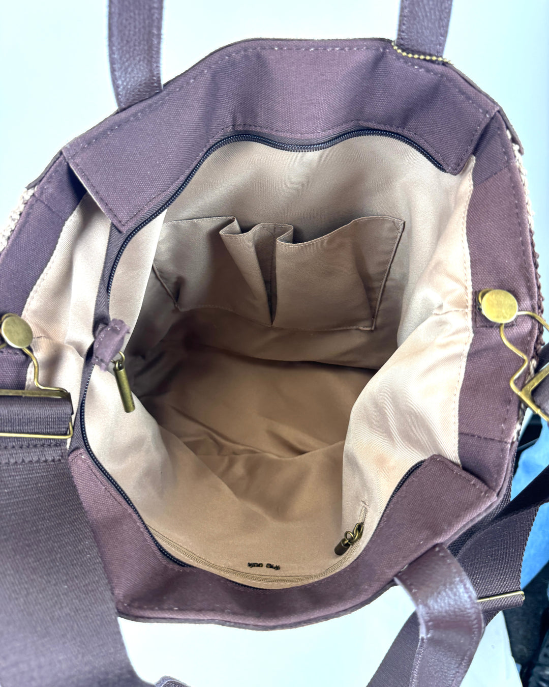 Brown Checkered Print Large Tote Bag