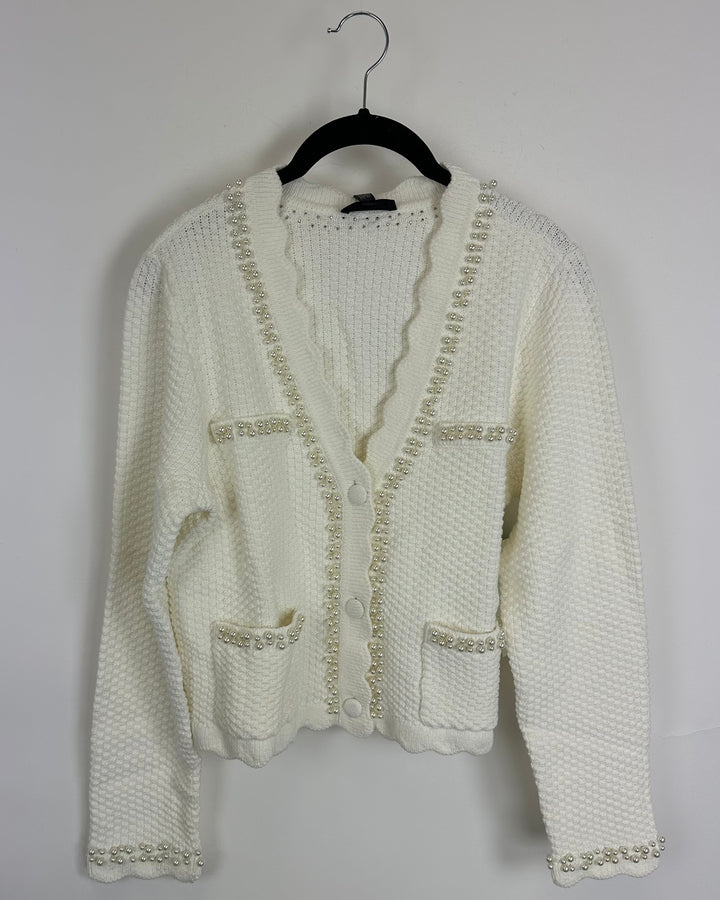 White Knit Faux Pearl Cardigan - Size 2/4 and 4/6