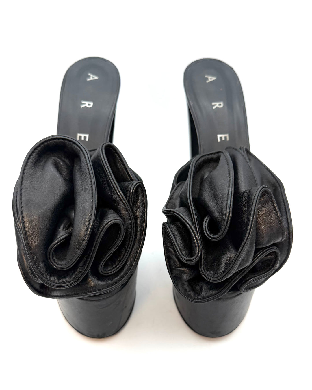 Rich Black Smooth Leather Ruffle Platform Heels - Size 40