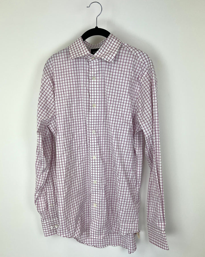 MENS Mauve and White Oversized Plaid Slim Fit Dress Shirt - 15 1/2 x 35