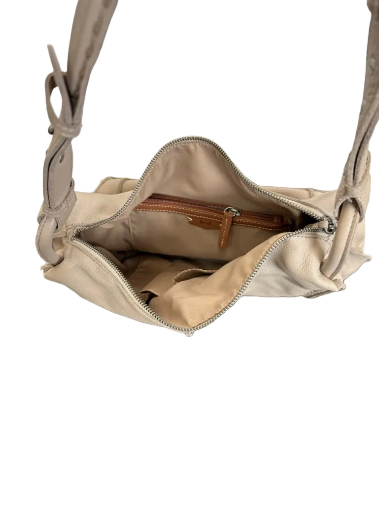 Beige Textured Leather Shoulder Bag