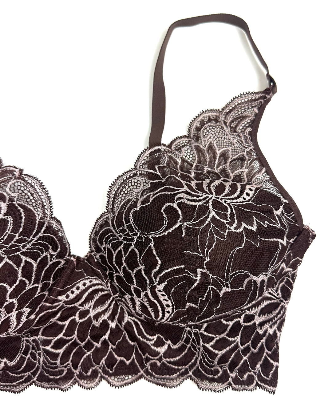 Brown Floral Lace Overlay Bra - 34B