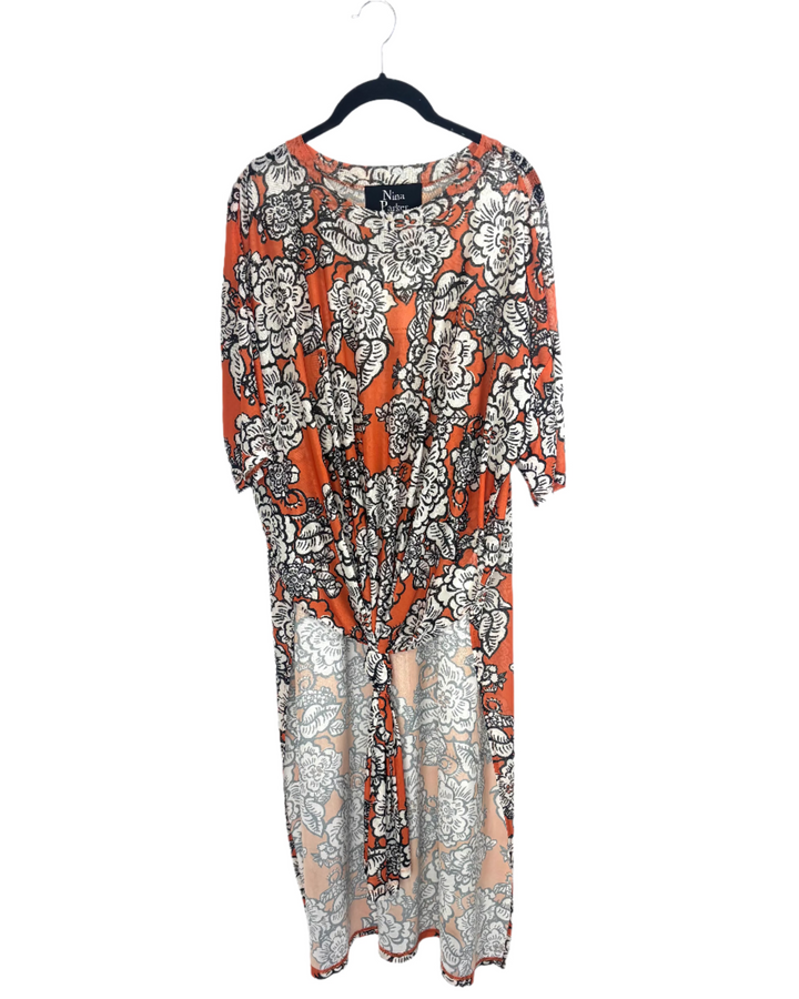 Orange and White Floral Knot Top - Size 2x