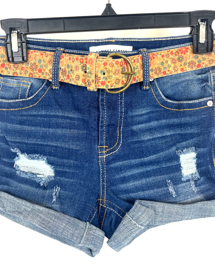 Dark Wash Denim Distressed Shorts with Floral Belt - Size 0/2
