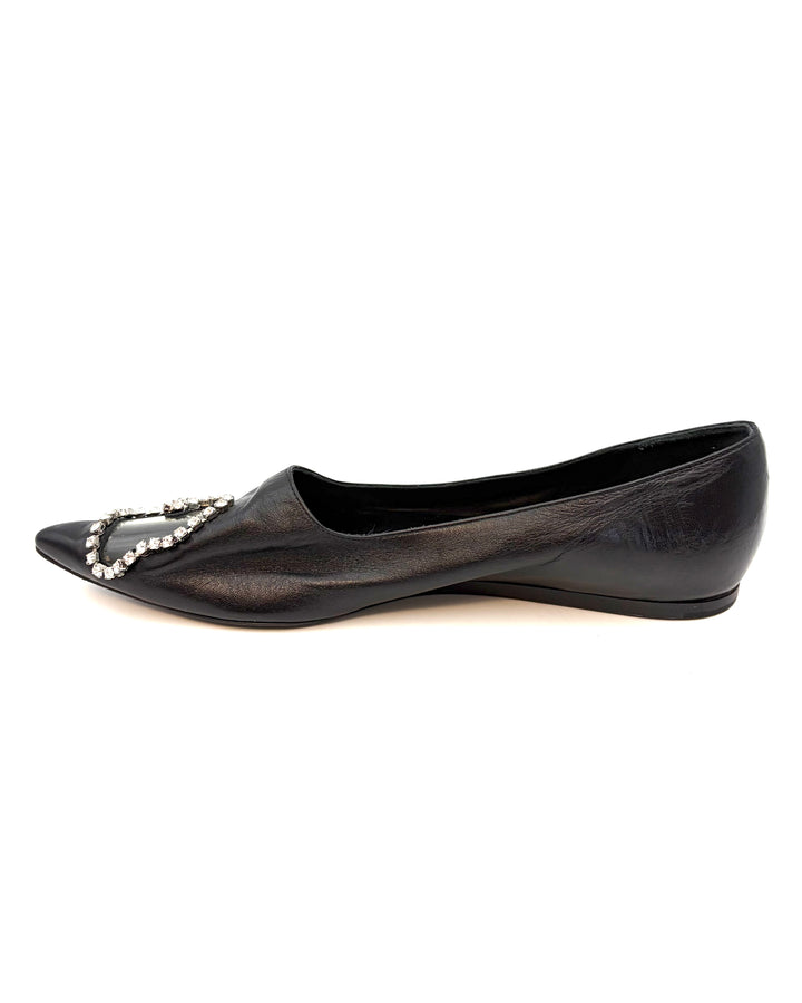 Ink Black and Clear Rhinestone Toe Flats - Size 39