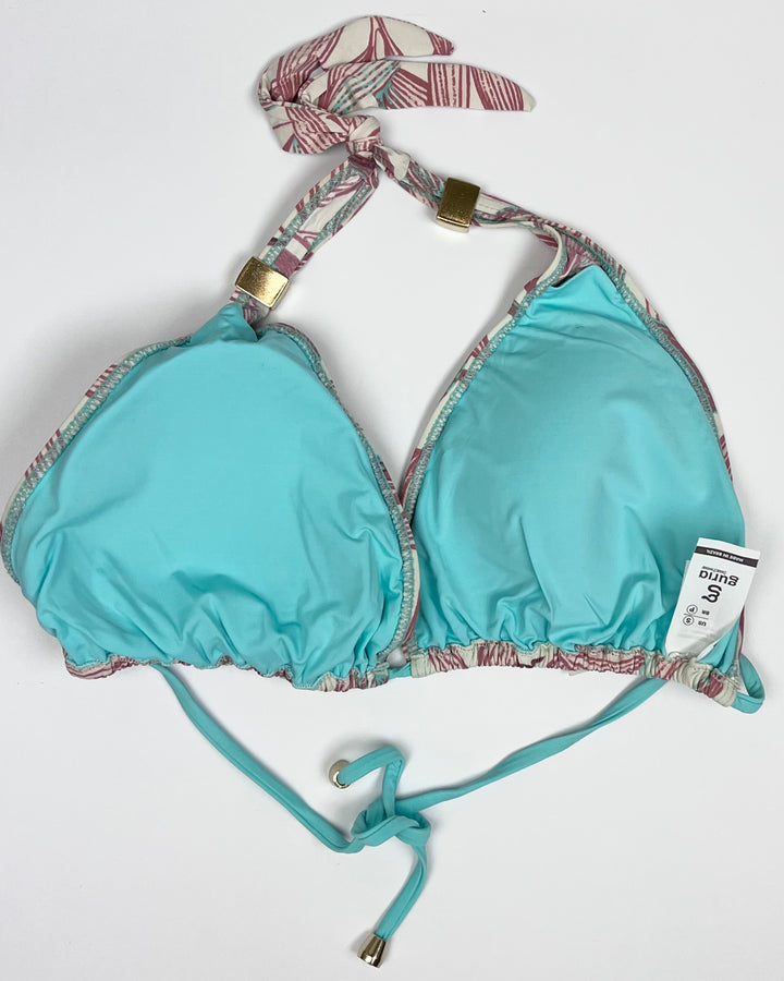 Tan & Light Teal Plant Print String Multi Wear Bikini Top - Small