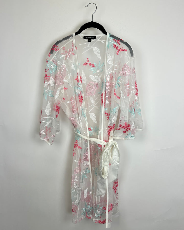 INC White Mesh Floral Robe - Medium