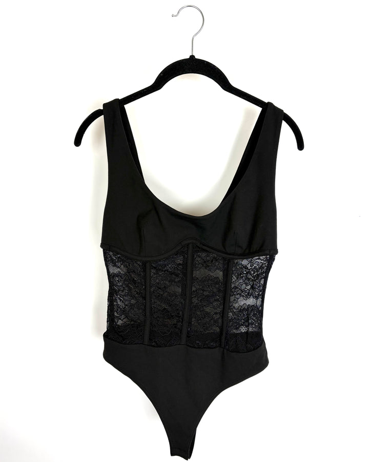 Black Corset Sheer Lace Bodysuit - Small