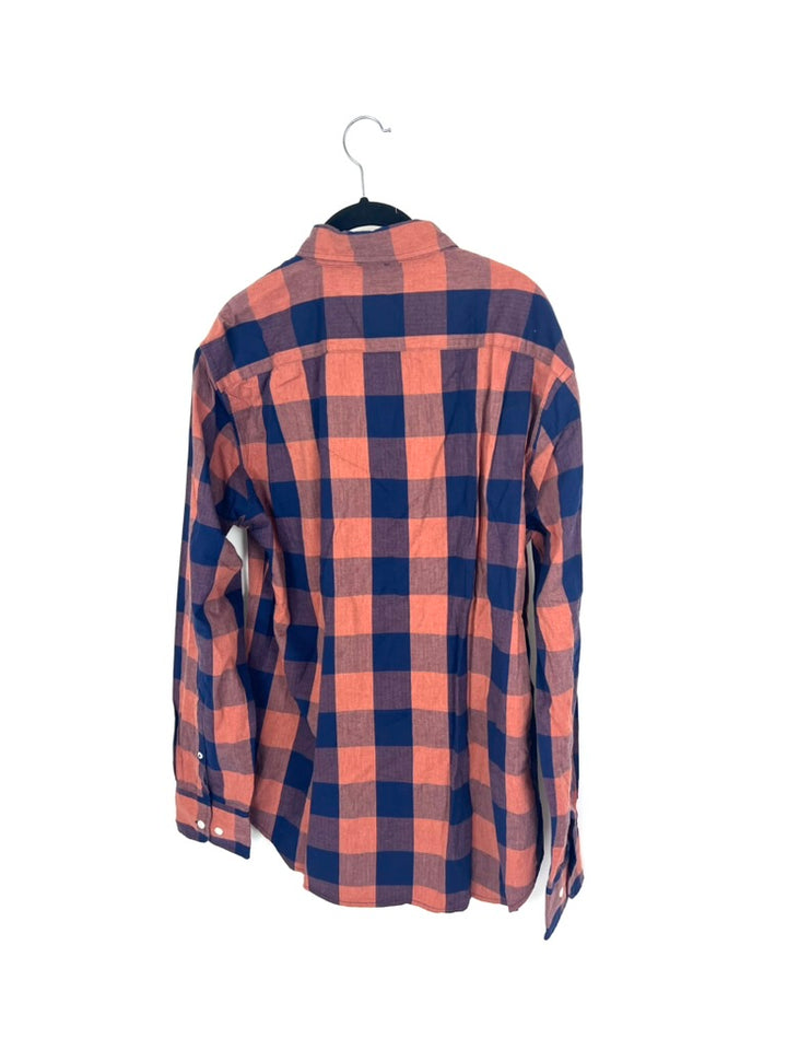 MENS Navy and Orange Plaid Long Sleeve Button-Up - Large