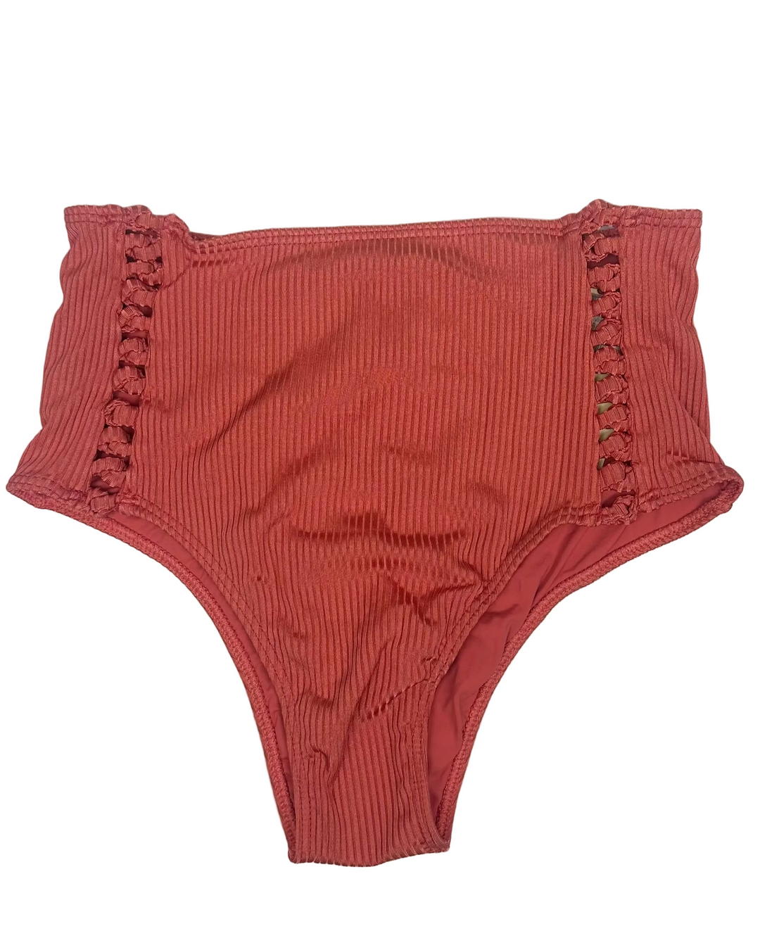 Dark Salmon Ribbed Knot High Waist Bikini Bottom - S, M, L