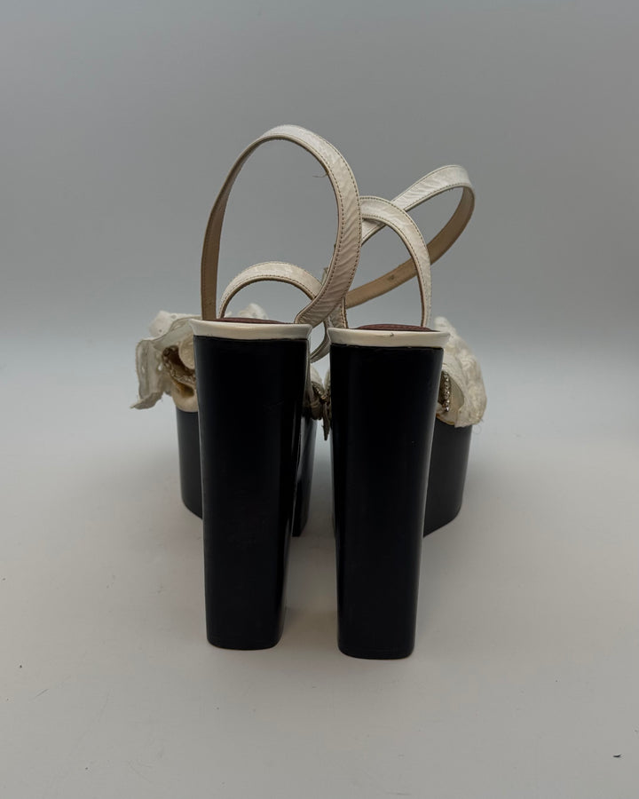 Ivory White Eyelet Ruffle Monogram Platform Sandal - Size 39
