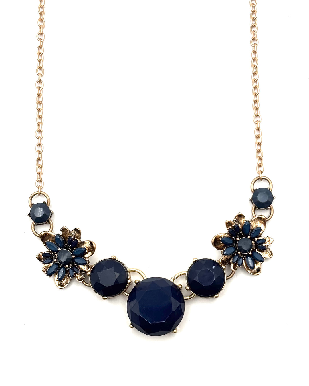 Gold Necklace With Navy Stone Flowers