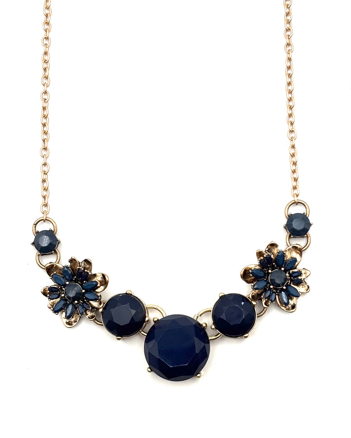 Gold Necklace With Navy Stone Flowers