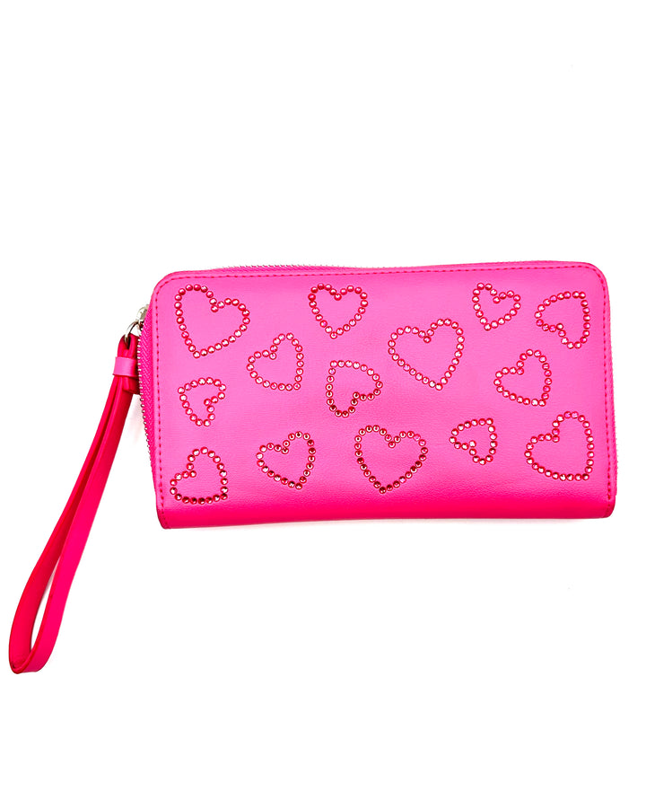 Pink Wristlet With Rhinestone Hearts