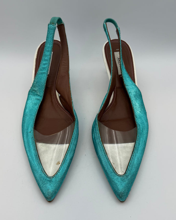 Textured White and Metallic Teal Heels - Size 40